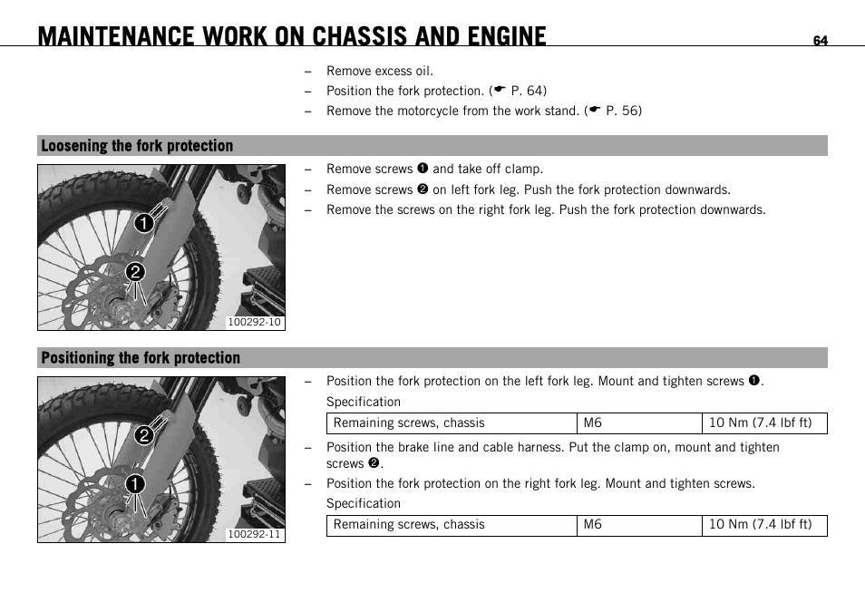 Loosening the fork protection, Positioning the fork protection, P. 64) | Maintenance work on chassis and engine | KTM 690 ENDURO EU User Manual | Page 66 / 179