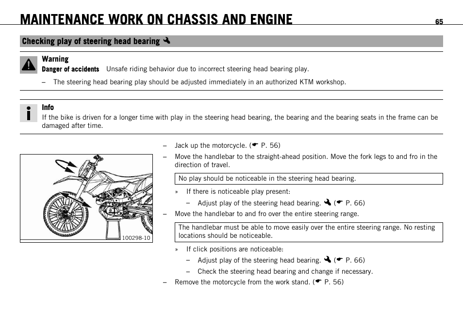 Checking play of steering head bearing x, Checking play of steering head bearing, P. 65) | Maintenance work on chassis and engine | KTM 690 ENDURO EU User Manual | Page 67 / 179