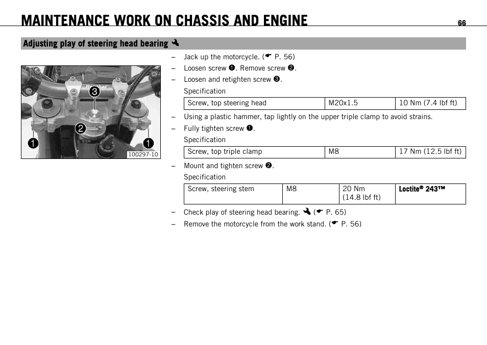 Adjusting play of steering head bearing x, Adjusting play of steering head bearing, P. 66) | Maintenance work on chassis and engine | KTM 690 ENDURO EU User Manual | Page 68 / 179