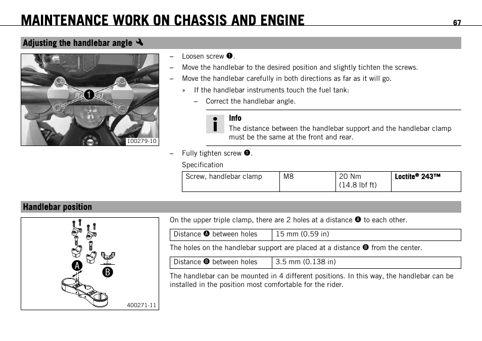 Adjusting the handlebar angle x, Handlebar position, Adjusting the handlebar angle | KTM 690 ENDURO EU User Manual | Page 69 / 179