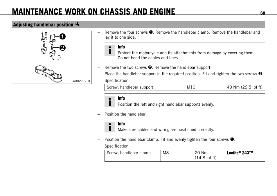 Adjusting handlebar position x, Adjusting handlebar position | KTM 690 ENDURO EU User Manual | Page 70 / 179