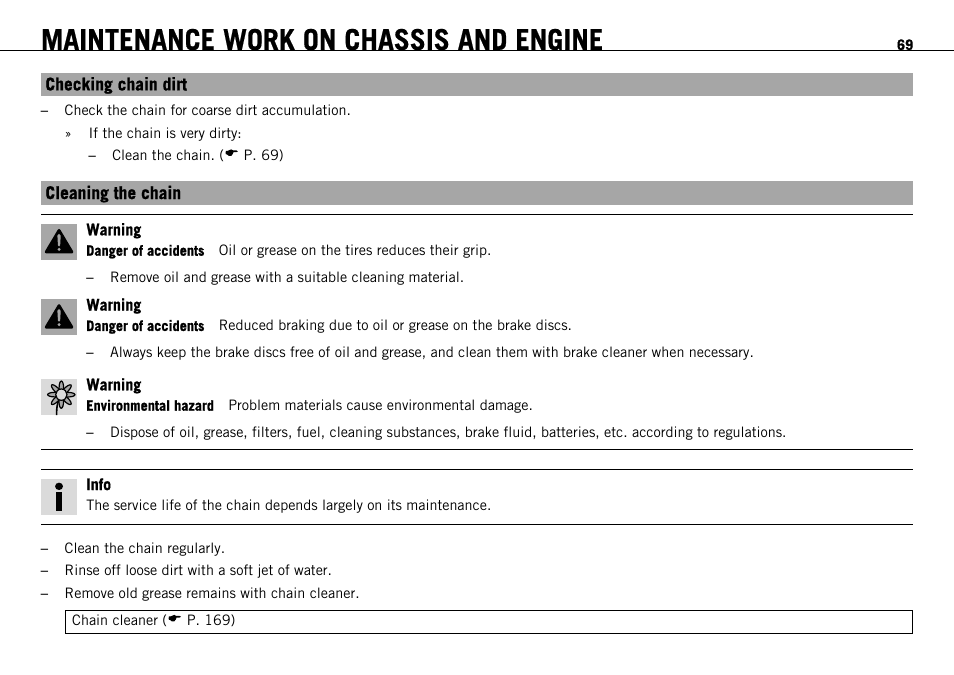 Checking chain dirt, Cleaning the chain, P. 69) | Maintenance work on chassis and engine | KTM 690 ENDURO EU User Manual | Page 71 / 179