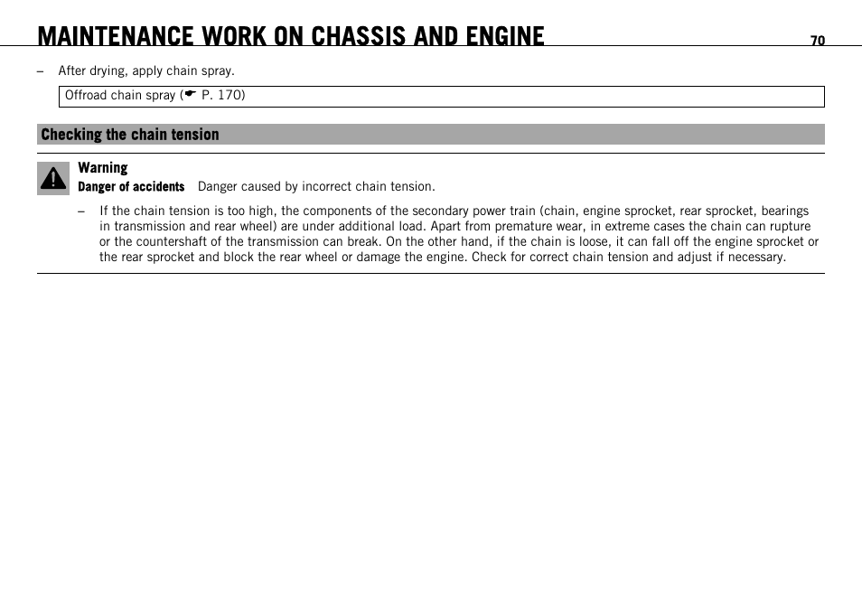 Checking the chain tension, P. 70), Maintenance work on chassis and engine | KTM 690 ENDURO EU User Manual | Page 72 / 179