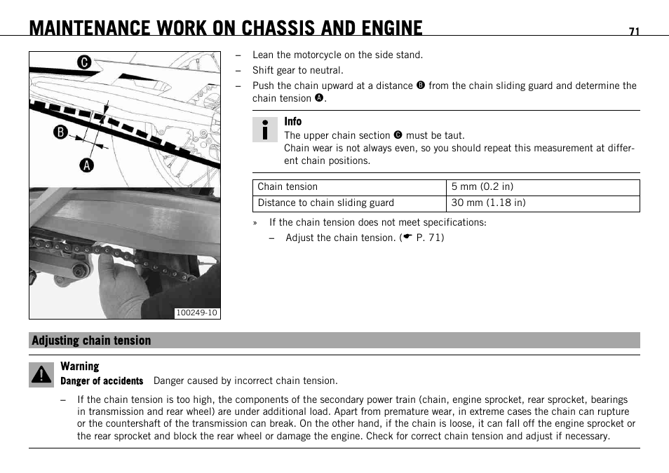 Adjusting chain tension, Maintenance work on chassis and engine | KTM 690 ENDURO EU User Manual | Page 73 / 179