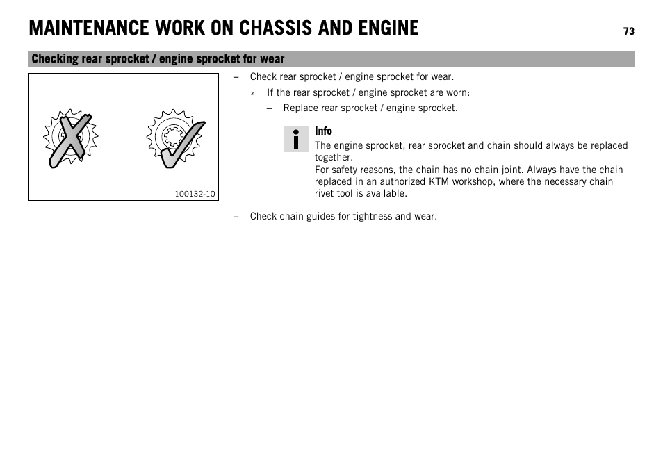 Checking rear sprocket / engine sprocket for wear, P. 73), Maintenance work on chassis and engine | KTM 690 ENDURO EU User Manual | Page 75 / 179