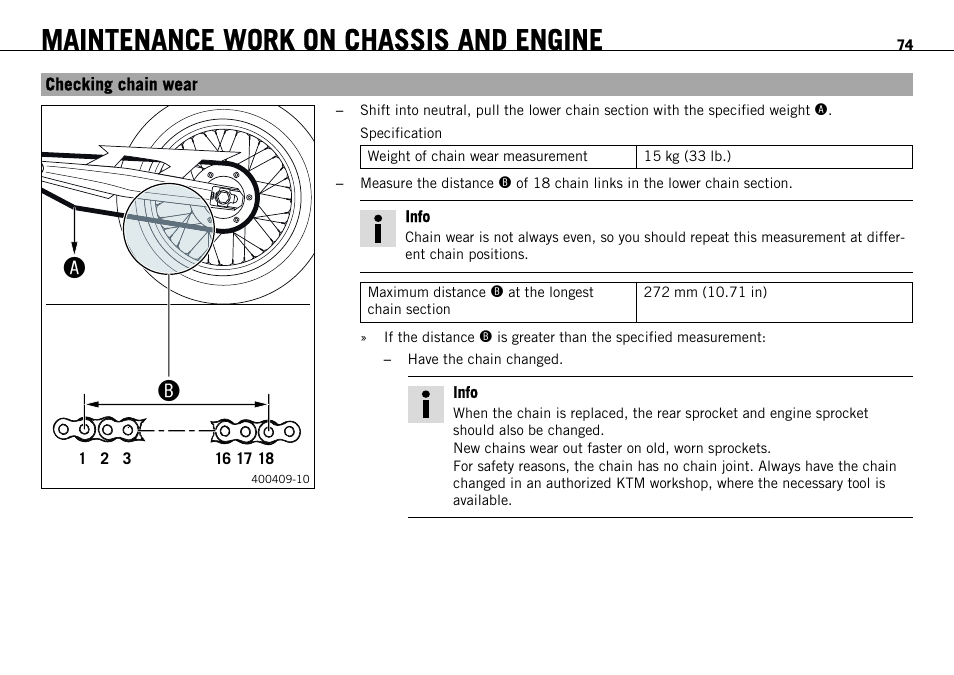 Checking chain wear, P. 74), Amaintenance work on chassis and engine | KTM 690 ENDURO EU User Manual | Page 76 / 179