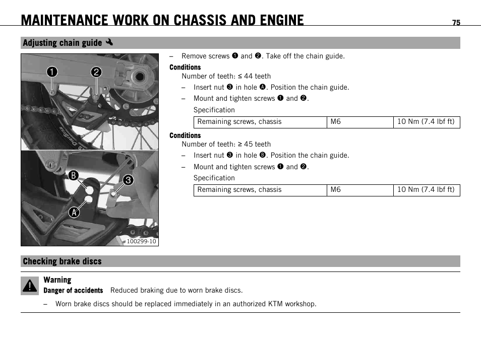 Adjusting chain guide x, Checking brake discs, Adjusting chain guide | P. 75), Maintenance work on chassis and engine | KTM 690 ENDURO EU User Manual | Page 77 / 179
