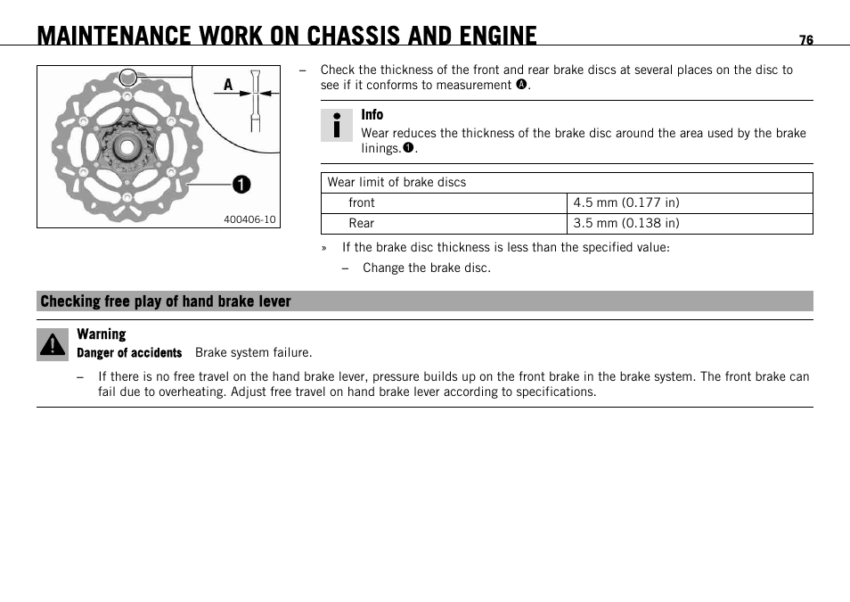 Checking free play of hand brake lever, Maintenance work on chassis and engine | KTM 690 ENDURO EU User Manual | Page 78 / 179