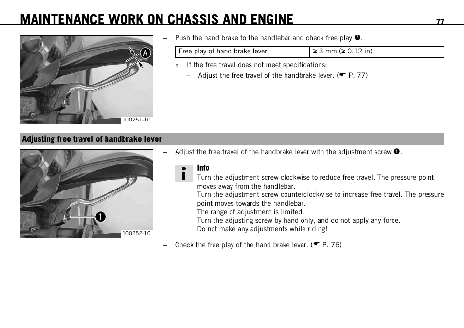Adjusting free travel of handbrake lever, P. 77), Maintenance work on chassis and engine | KTM 690 ENDURO EU User Manual | Page 79 / 179