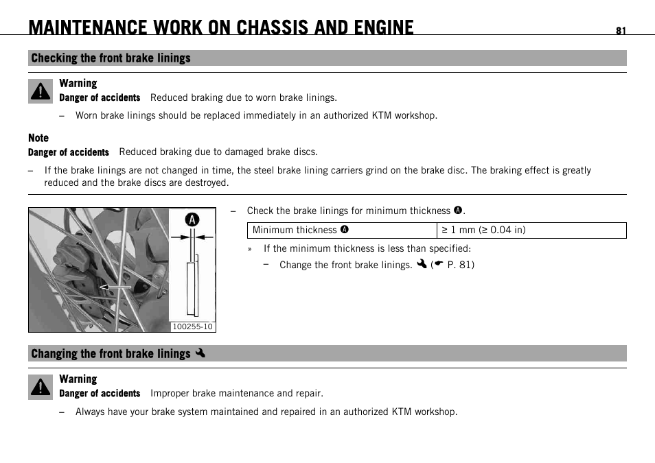 Checking the front brake linings, Changing the front brake linings x, P. 81) | Maintenance work on chassis and engine | KTM 690 ENDURO EU User Manual | Page 83 / 179