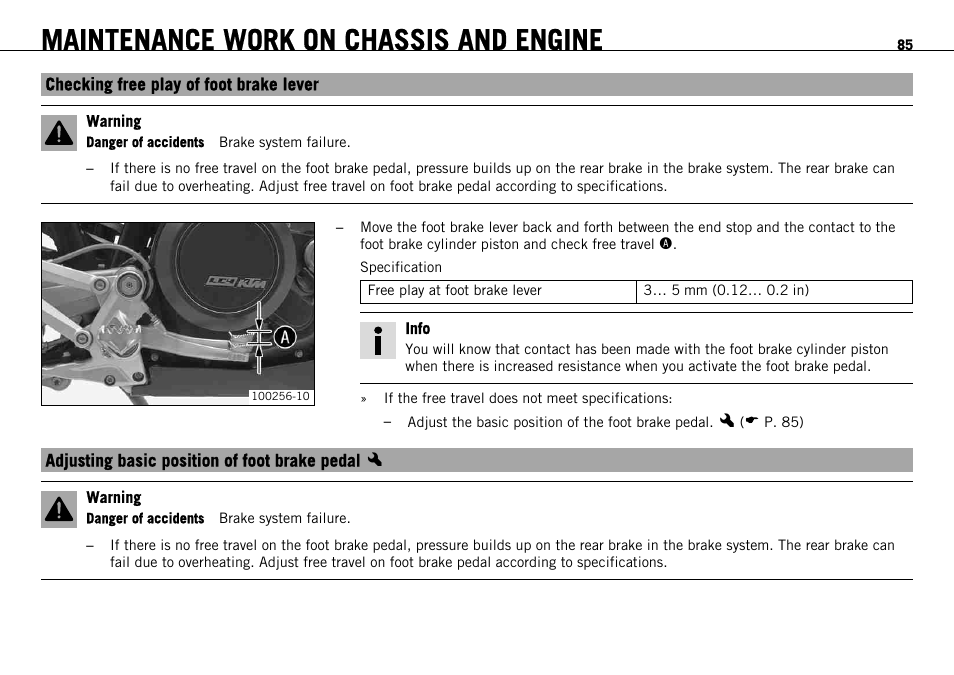 Checking free play of foot brake lever, Adjusting basic position of foot brake pedal x, P. 85) | Maintenance work on chassis and engine | KTM 690 ENDURO EU User Manual | Page 87 / 179
