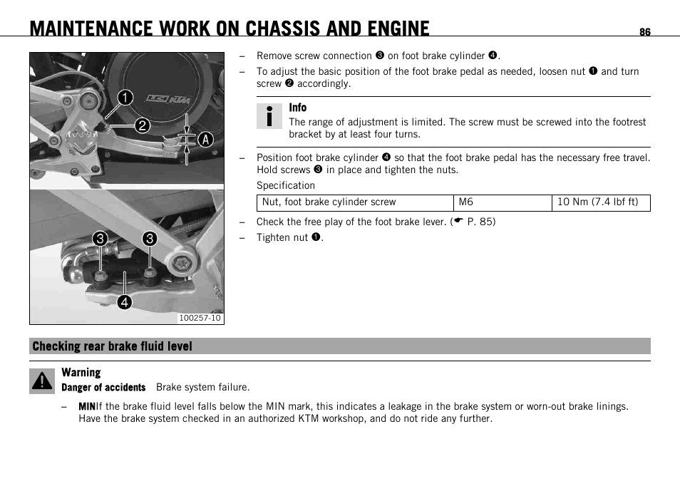 Checking rear brake fluid level, P. 86), Maintenance work on chassis and engine | KTM 690 ENDURO EU User Manual | Page 88 / 179