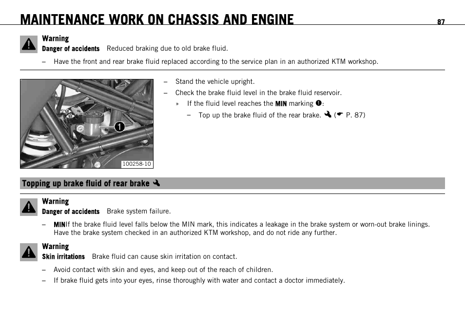 Topping up brake fluid of rear brake x, Topping up brake fluid of rear brake, Maintenance work on chassis and engine | KTM 690 ENDURO EU User Manual | Page 89 / 179