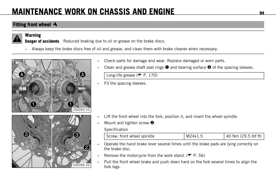 Fitting front wheel x, Fitting front wheel, Maintenance work on chassis and engine | KTM 690 ENDURO EU User Manual | Page 96 / 179