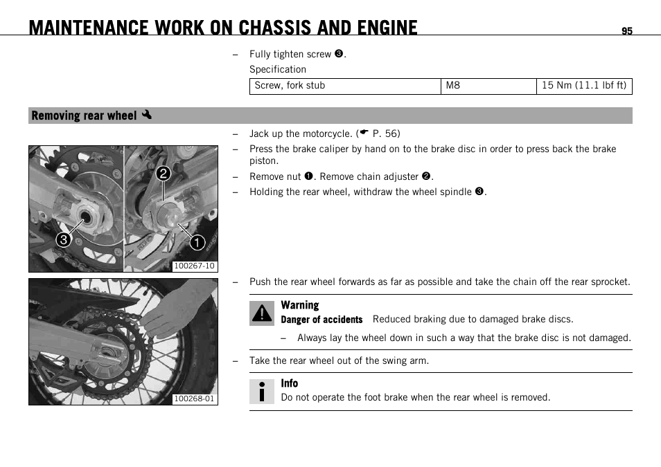 Removing rear wheel x, Removing rear wheel, Maintenance work on chassis and engine | KTM 690 ENDURO EU User Manual | Page 97 / 179