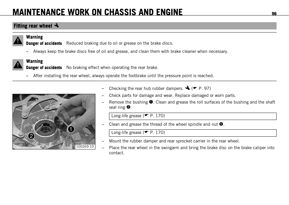 Fitting rear wheel x, Fitting rear wheel, Maintenance work on chassis and engine | KTM 690 ENDURO EU User Manual | Page 98 / 179