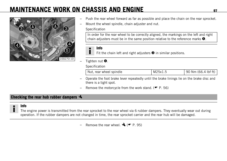Checking the rear hub rubber dampers x, Checking the rear hub rubber dampers, P. 97) | Maintenance work on chassis and engine | KTM 690 ENDURO EU User Manual | Page 99 / 179
