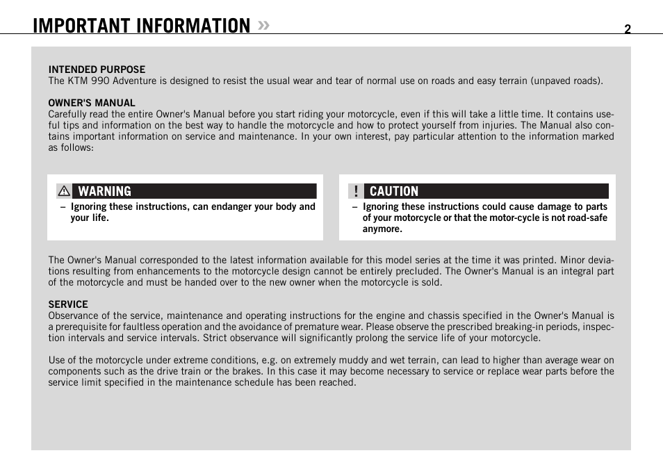 Important information | KTM 990 User Manual | Page 3 / 100