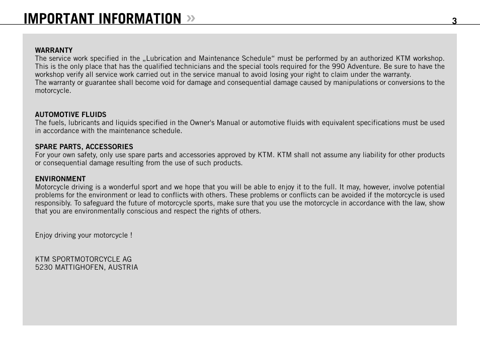 Important information | KTM 990 User Manual | Page 4 / 100