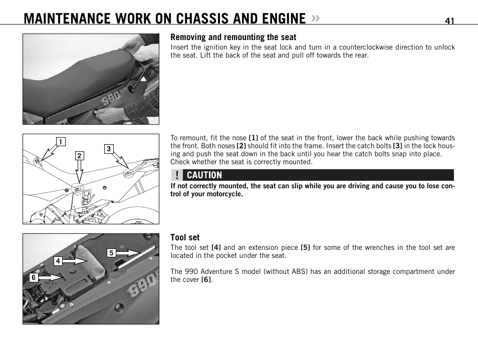 Maintenance work on chassis and engine | KTM 990 User Manual | Page 42 / 100