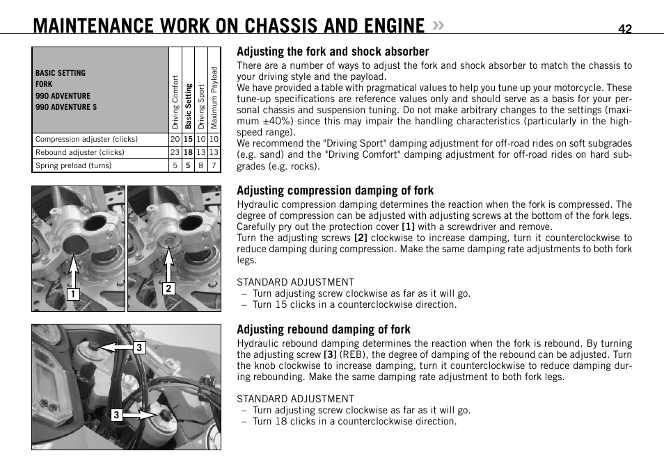 Maintenance work on chassis and engine | KTM 990 User Manual | Page 43 / 100