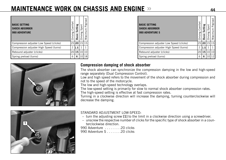 Maintenance work on chassis and engine, Compression damping of shock absorber | KTM 990 User Manual | Page 45 / 100