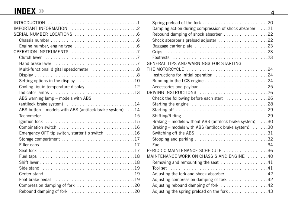 Index | KTM 990 User Manual | Page 5 / 100