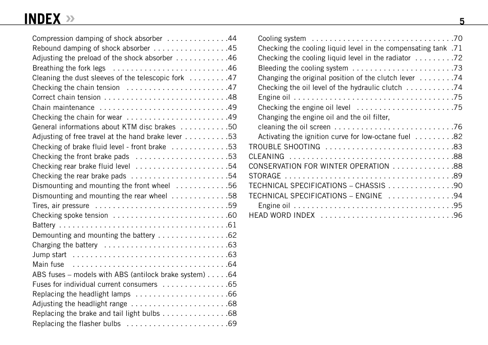 Index | KTM 990 User Manual | Page 6 / 100