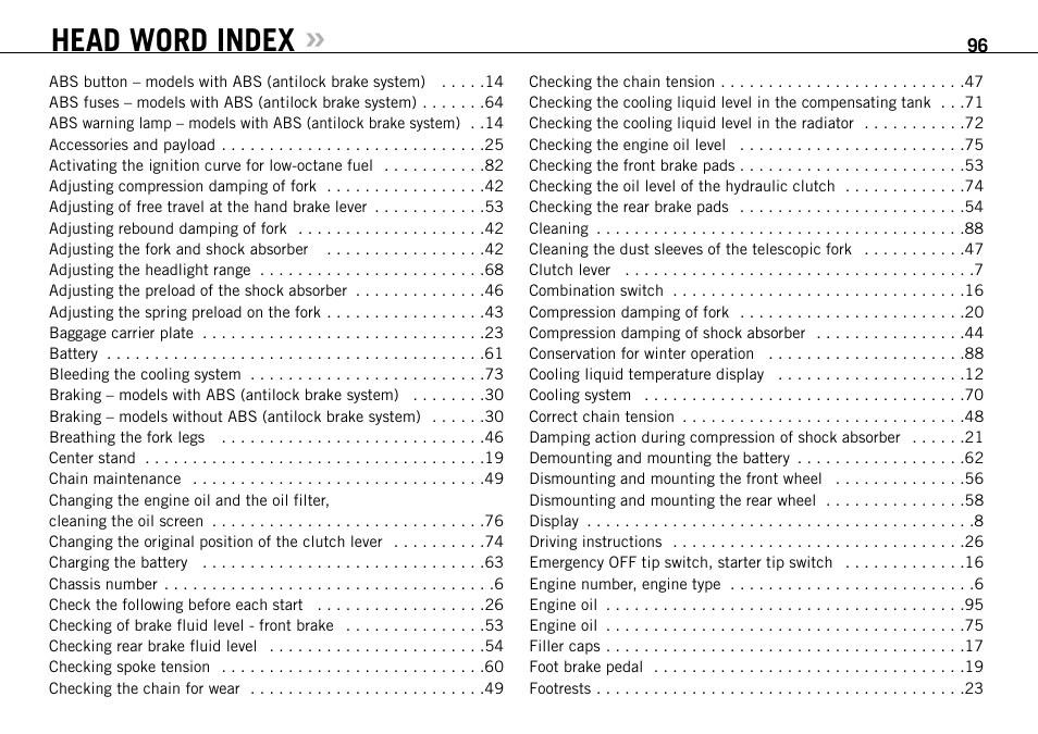 Head word index | KTM 990 User Manual | Page 97 / 100