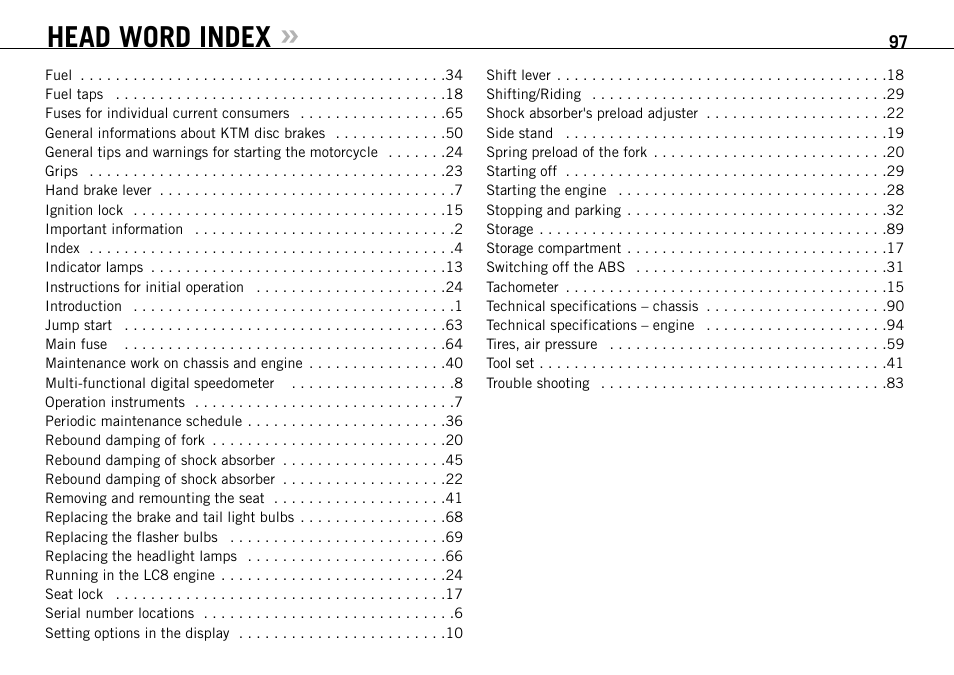 Head word index | KTM 990 User Manual | Page 98 / 100