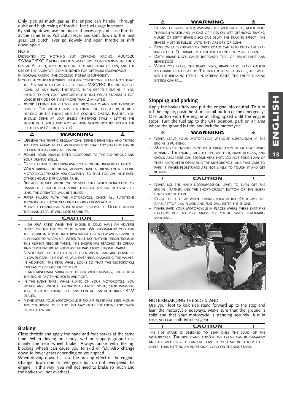 English, Braking, Stopping and parking | KTM 400 User Manual | Page 14 / 46