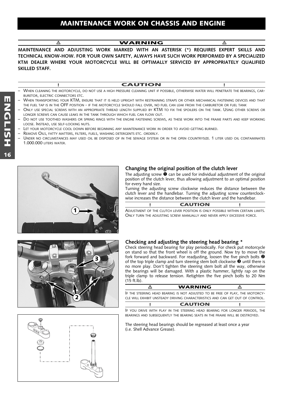 English, Maintenance work on chassis and engine, Changing the original position of the clutch lever | Checking and adjusting the steering head bearing | KTM 400 User Manual | Page 17 / 46