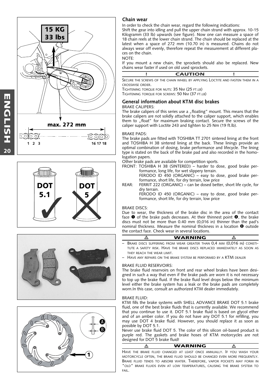 English, Dot 5.1 dot 5, 15 kg 33 lbs | KTM 400 User Manual | Page 21 / 46