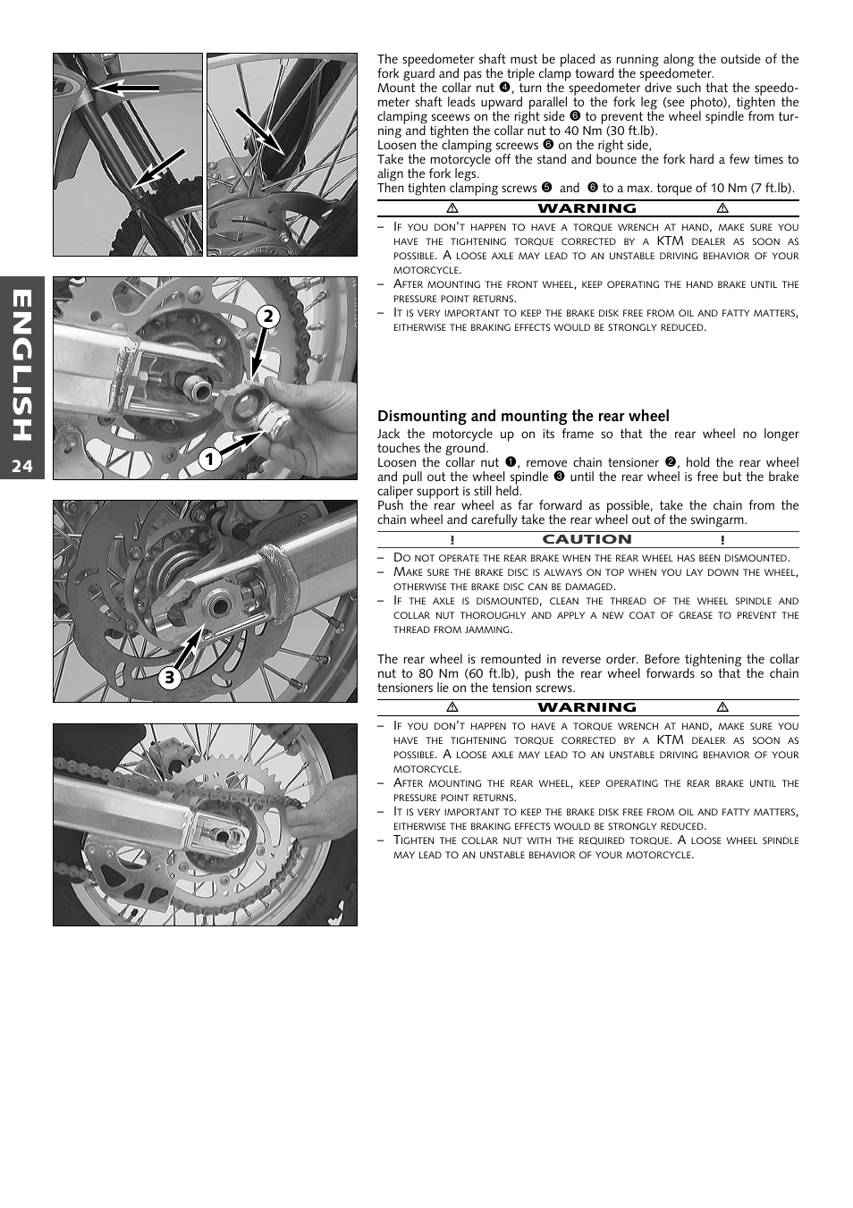 English, Dismounting and mounting the rear wheel | KTM 400 User Manual | Page 25 / 46