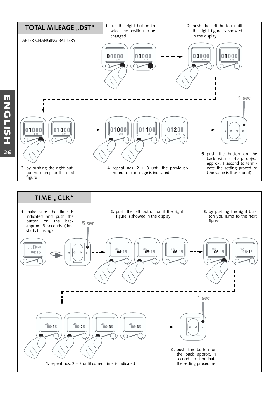 English, Total mileage „dst“ time „clk | KTM 400 User Manual | Page 27 / 46