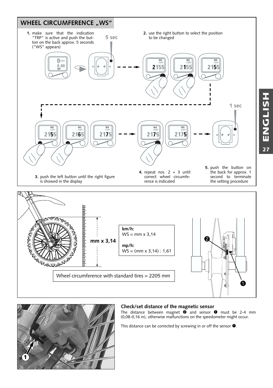 English, Wheel circumference „ws | KTM 400 User Manual | Page 28 / 46