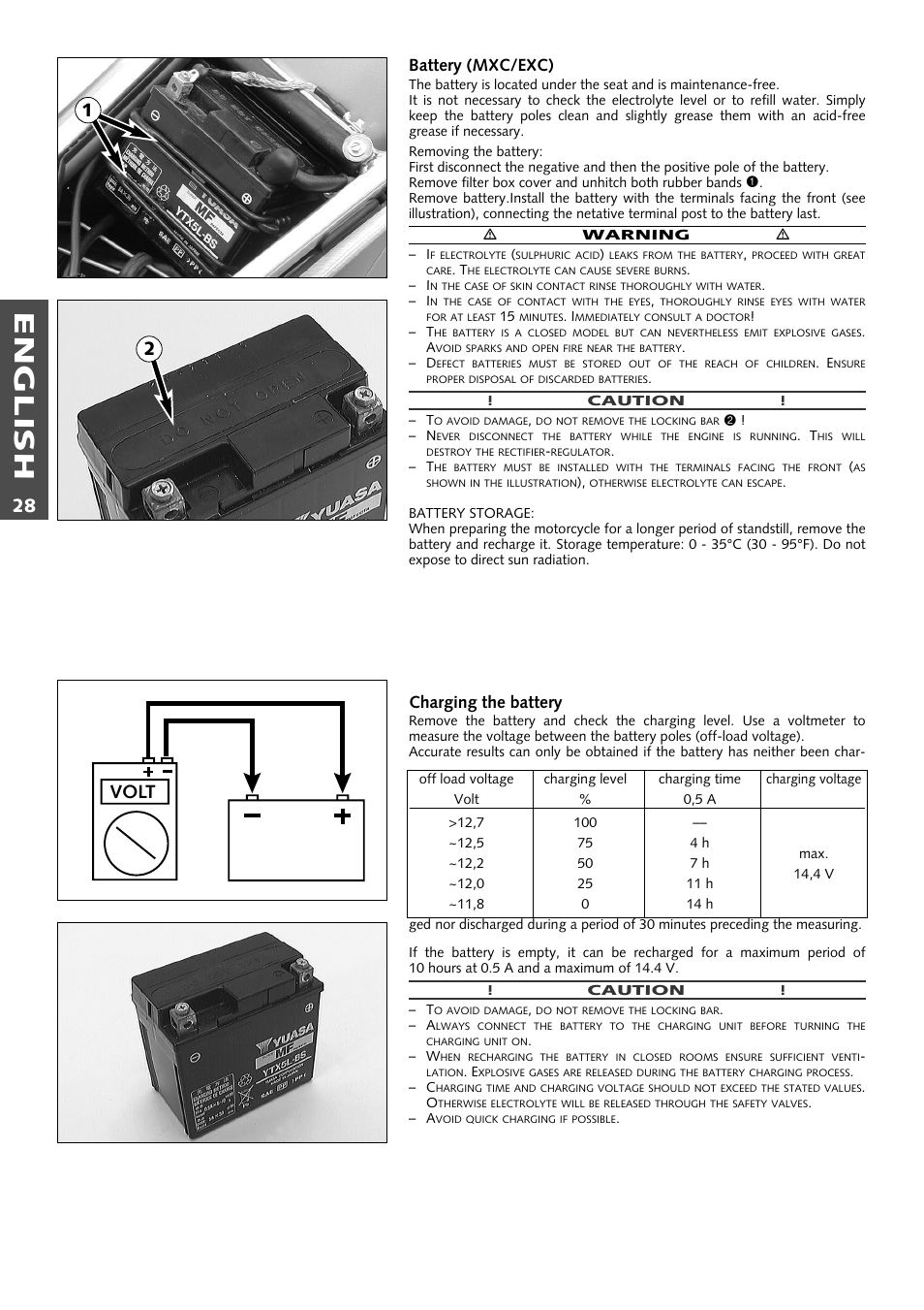 English, Volt 1 2, Battery (mxc/exc) | Charging the battery | KTM 400 User Manual | Page 29 / 46