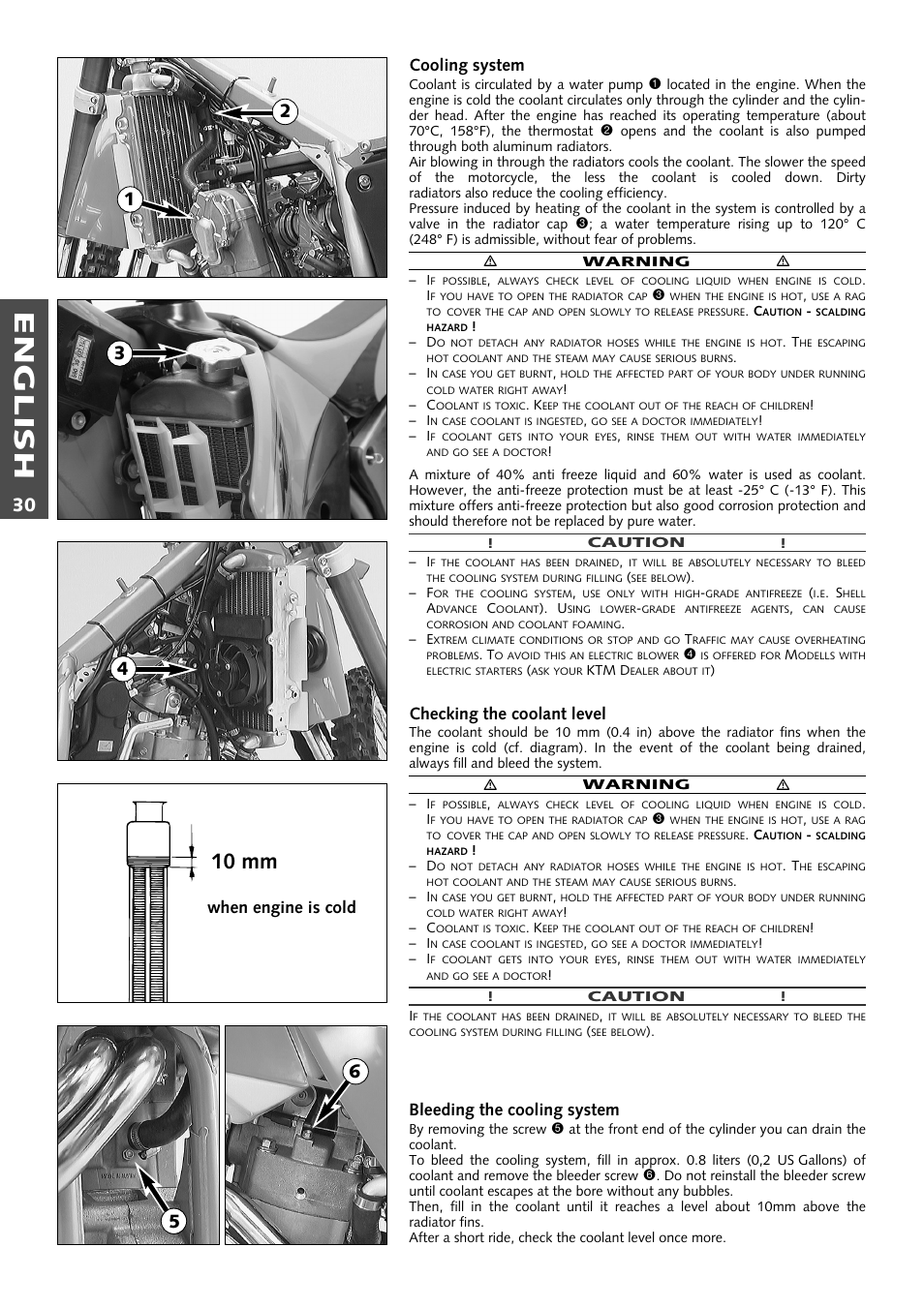 English, 10 mm, Cooling system | Checking the coolant level, Bleeding the cooling system, When engine is cold | KTM 400 User Manual | Page 31 / 46