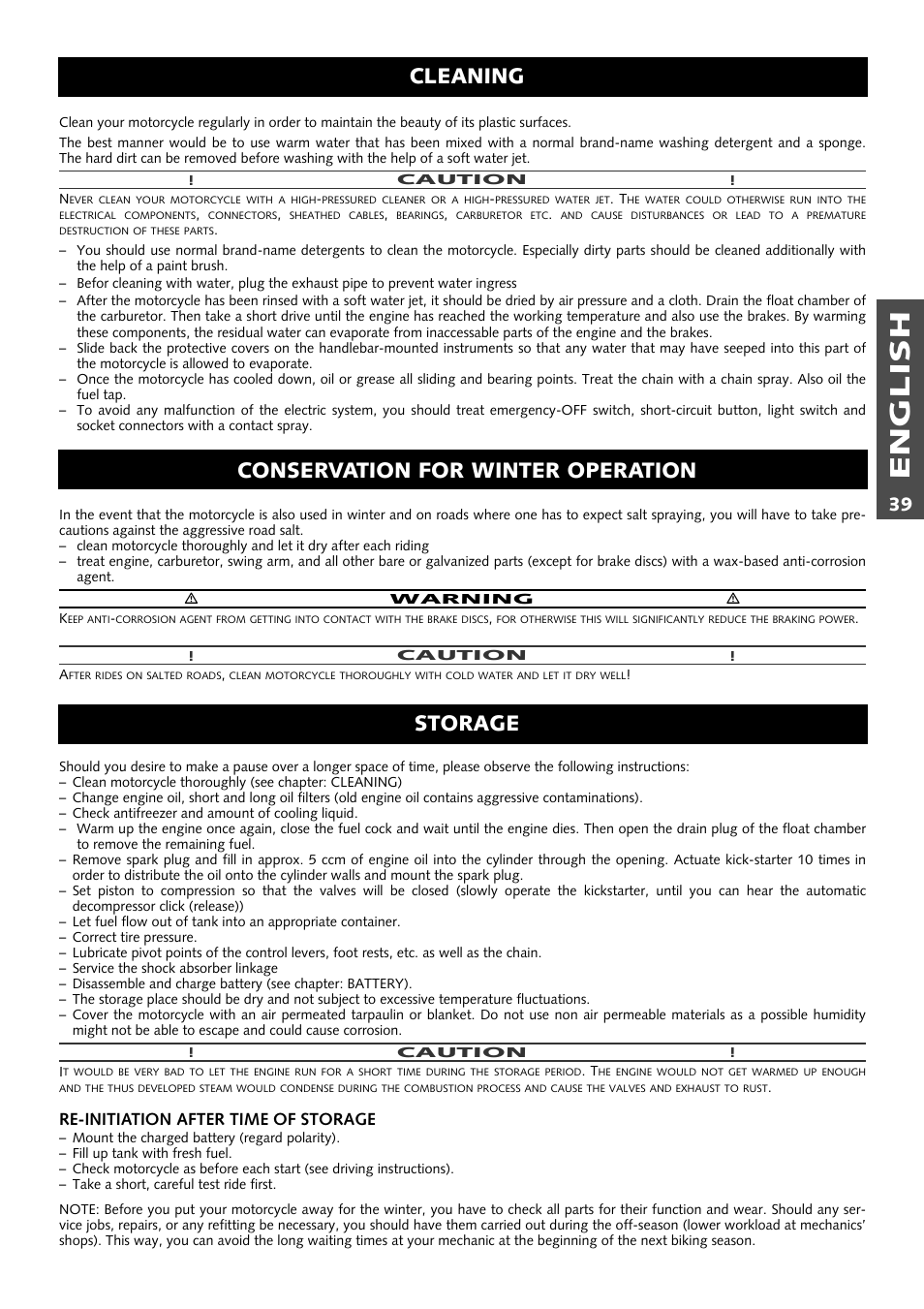 English, Storage, Cleaning | Conservation for winter operation | KTM 400 User Manual | Page 40 / 46