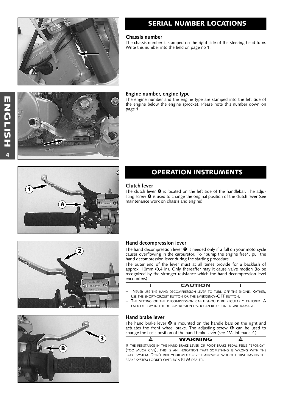 English, Serial number locations operation instruments, 1a 2 3 b | KTM 400 User Manual | Page 5 / 46