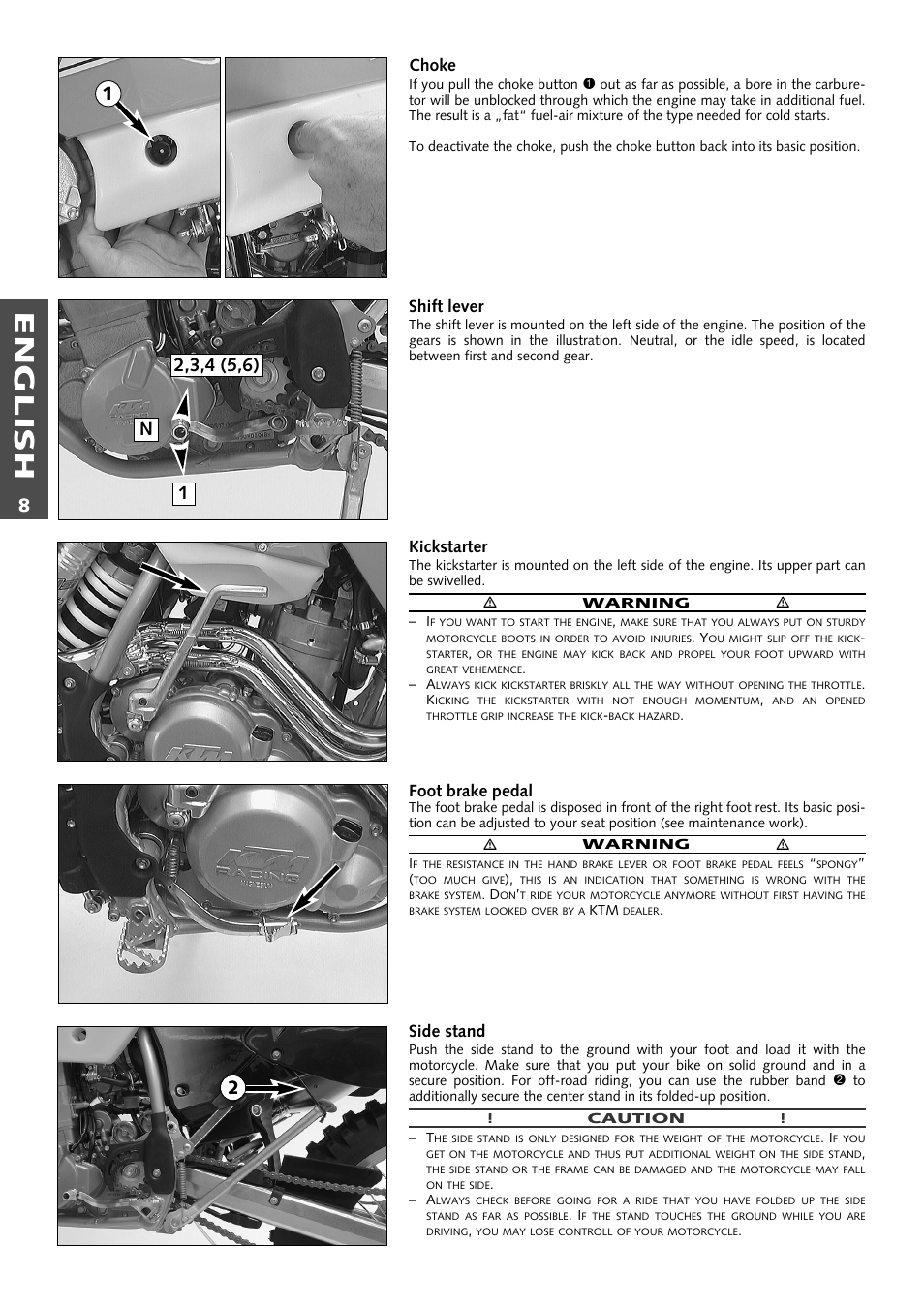 English, Choke, Shift lever | Kickstarter, Foot brake pedal, Side stand | KTM 400 User Manual | Page 9 / 46