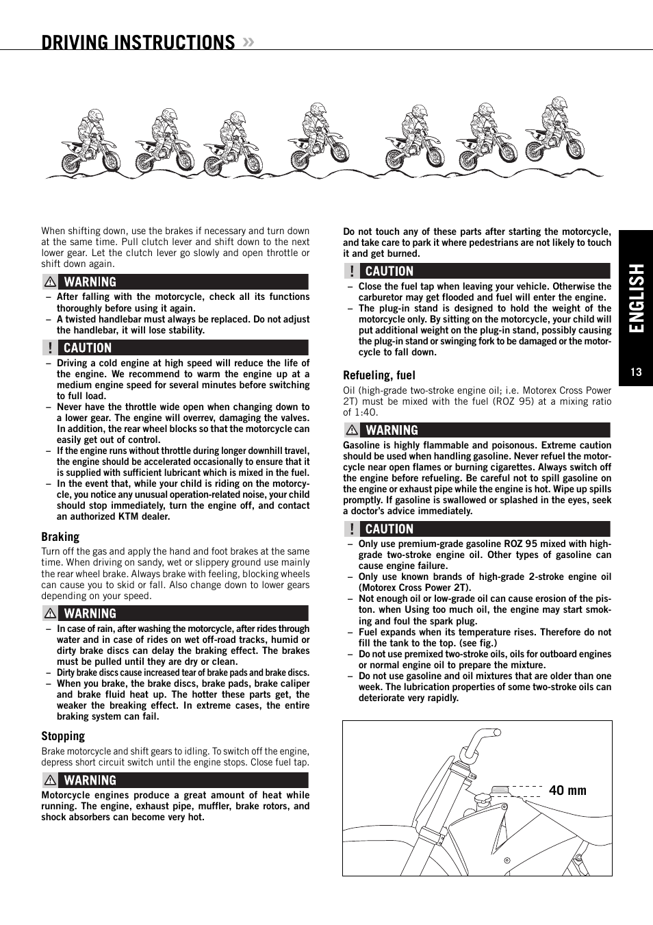 English, Driving instructions, 40 mm | KTM XC User Manual | Page 14 / 42