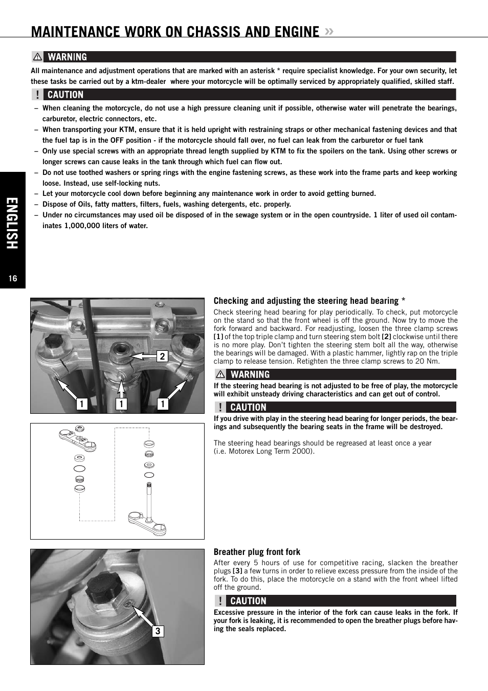 English, Maintenance work on chassis and engine | KTM XC User Manual | Page 17 / 42