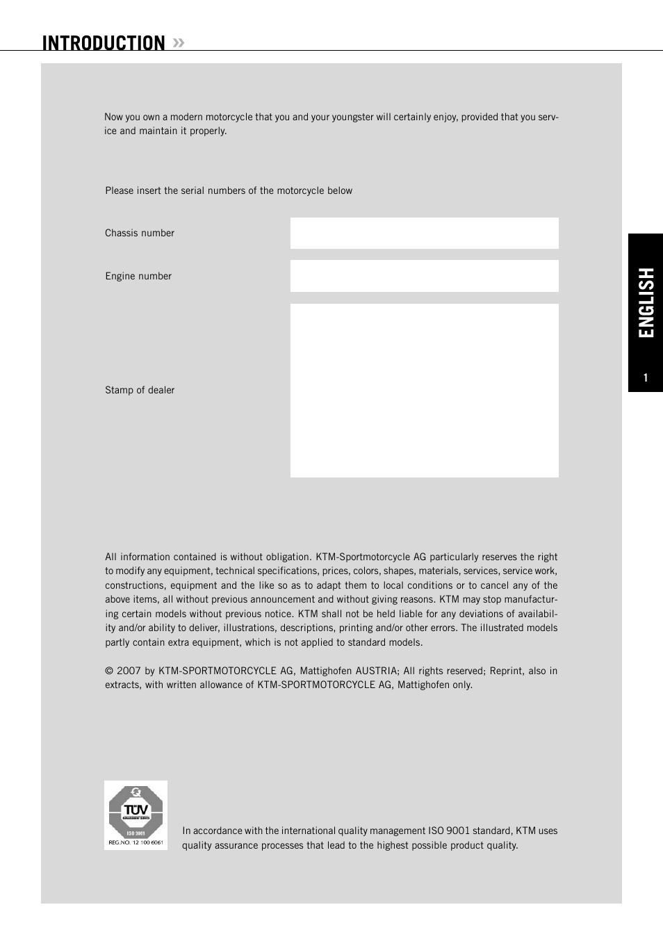 English, Introduction | KTM XC User Manual | Page 2 / 42