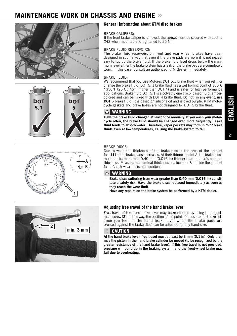 English, Maintenance work on chassis and engine, Min. 3 mm | KTM XC User Manual | Page 22 / 42