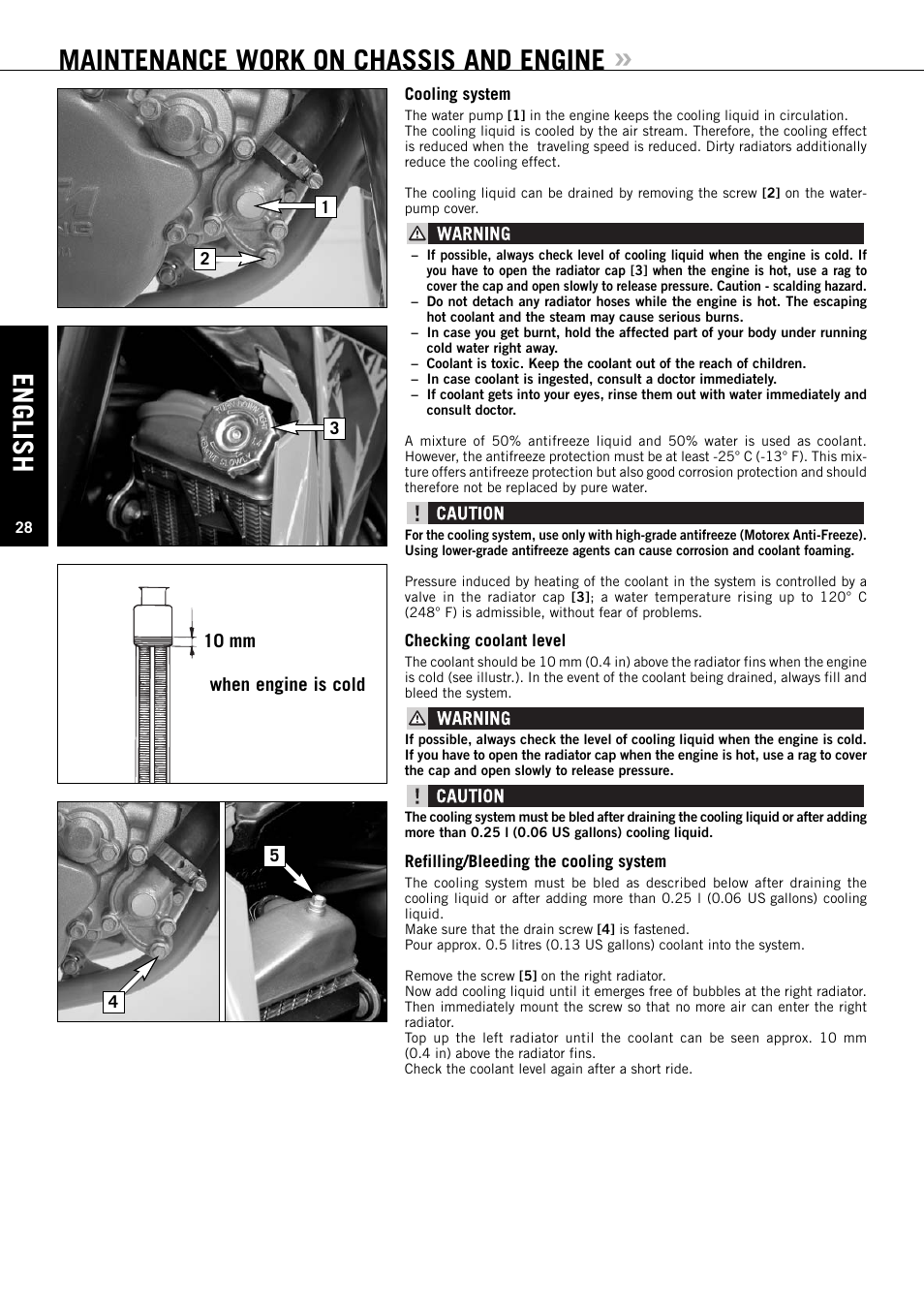 English, Maintenance work on chassis and engine, When engine is cold 10 mm | KTM XC User Manual | Page 29 / 42