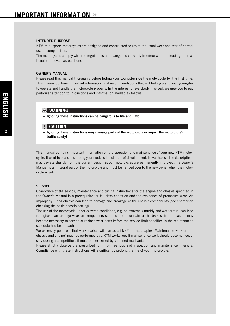 English, Important information | KTM XC User Manual | Page 3 / 42