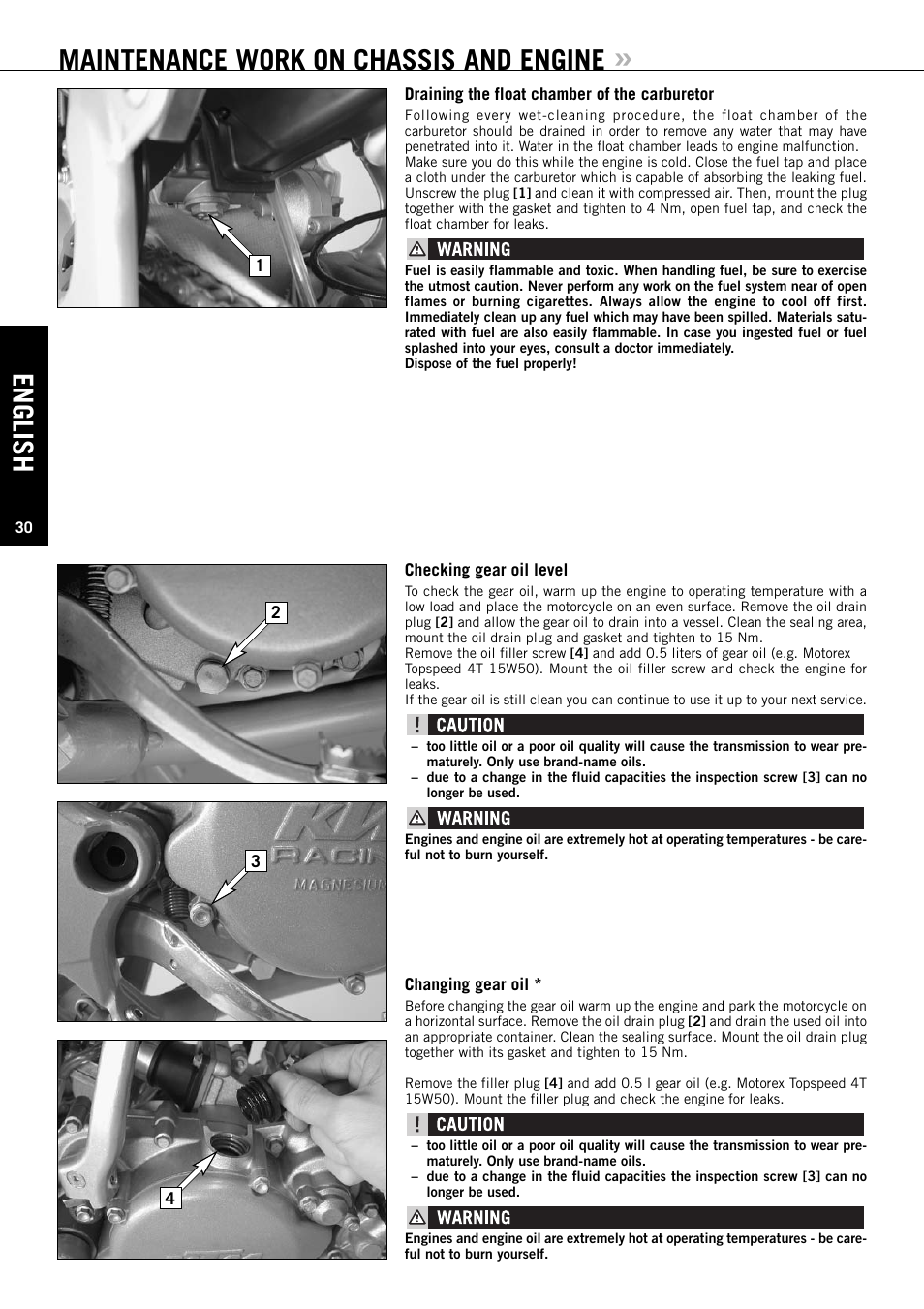 English, Maintenance work on chassis and engine | KTM XC User Manual | Page 31 / 42