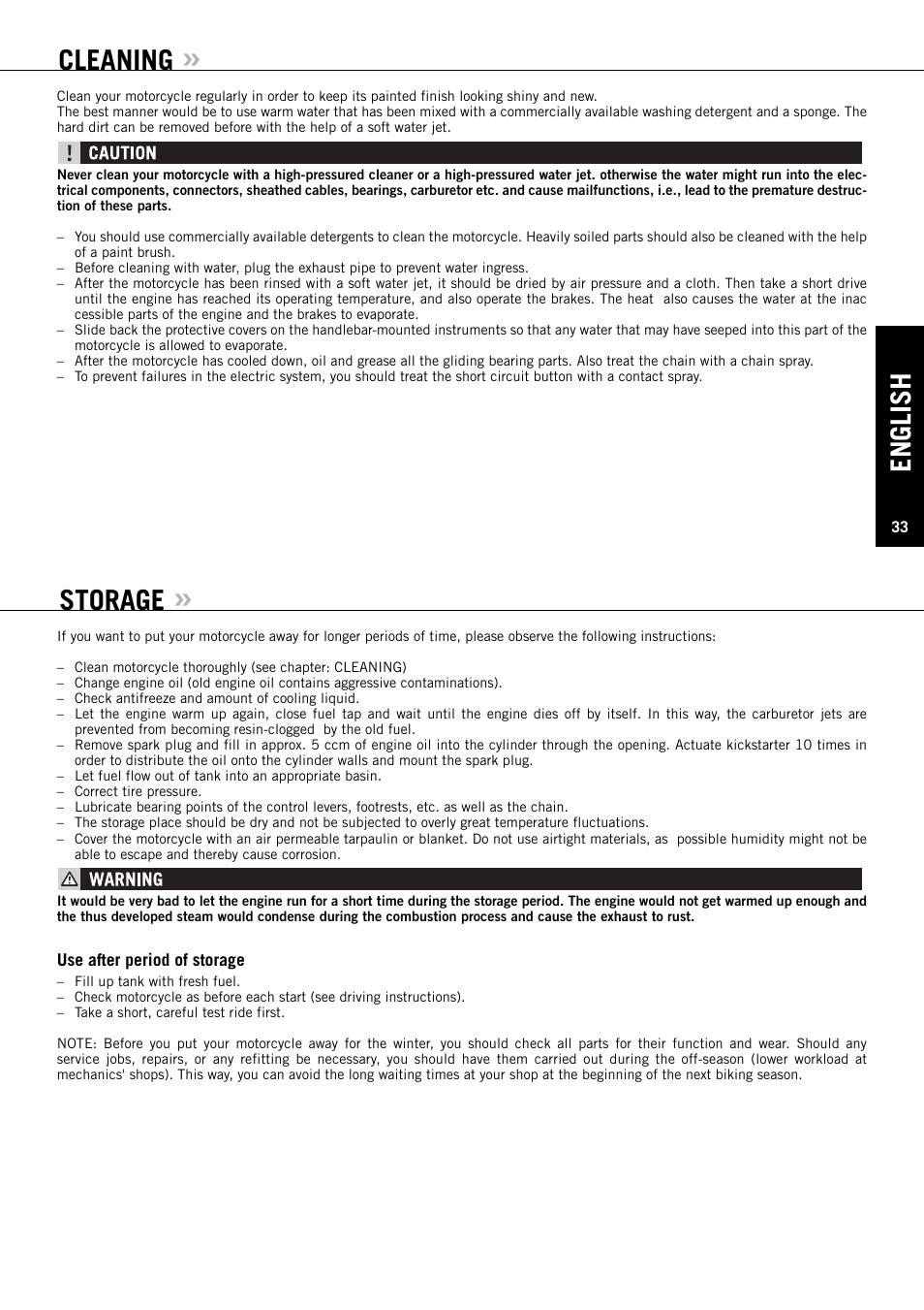 English, Cleaning, Storage | KTM XC User Manual | Page 34 / 42