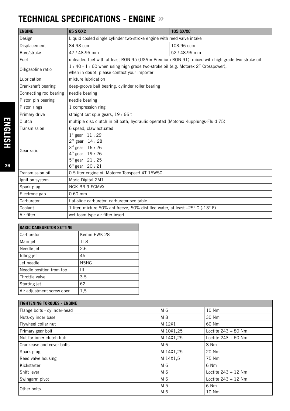English, Technical specifications - engine | KTM XC User Manual | Page 37 / 42